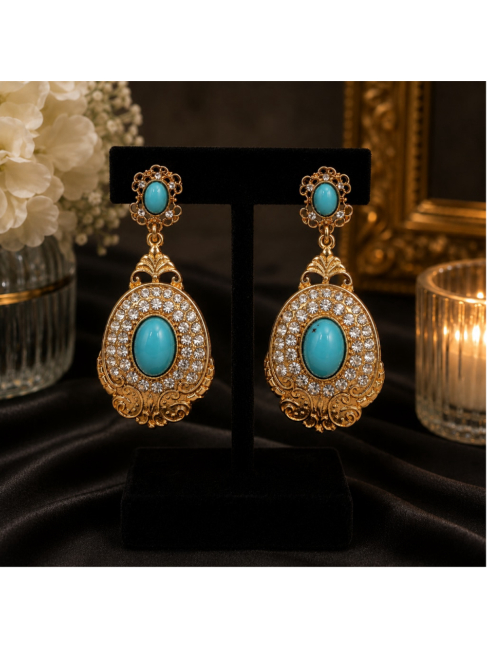 Vintage Gold Tone Turquoise Statement Drop Earrings with Rhinestone Accents